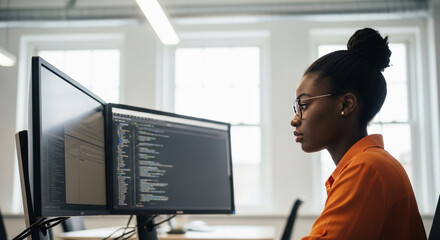 Focused software engineer reviewing code on dual monitors in a modern office, showcasing technology, innovation, and skilled professionals at work