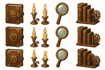 Vintage steampunk accessories: books, candles, and magnifying glasses