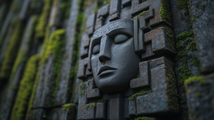 Stone face sculpture with moss against a textured background.