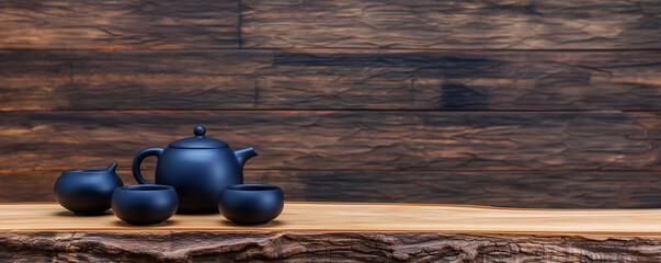 Elegant tea set against a rustic wooden backdrop.