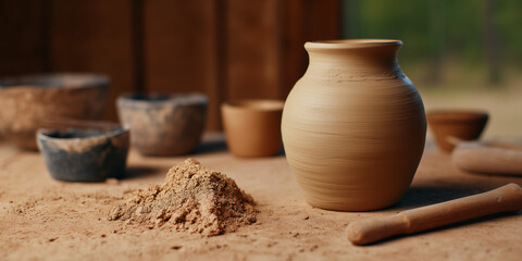 Clay pottery with tools and materials on a wooden surface.