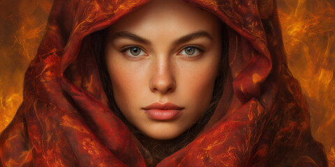 Mysterious woman with striking eyes in a textured hooded shawl.