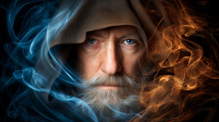 Mysterious man with beard and hood surrounded by swirling colors.