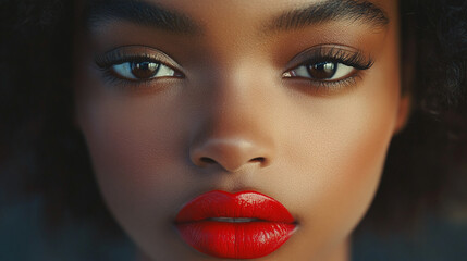 Stunning close-up of a beautiful woman with elegant makeup and vibrant red lipstick, ideal for beauty campaigns and cosmetic product promotions