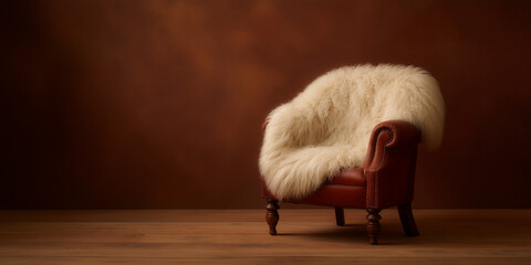 Cozy chair with fur throw against a warm backdrop.