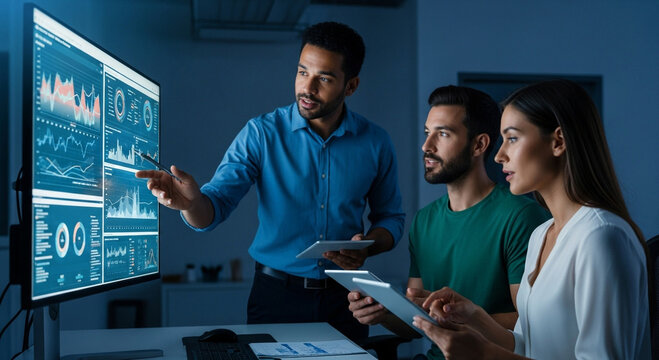Dynamic team collaborating on financial analysis using interactive data dashboards, driving strategic decisions in modern office environment for business growth