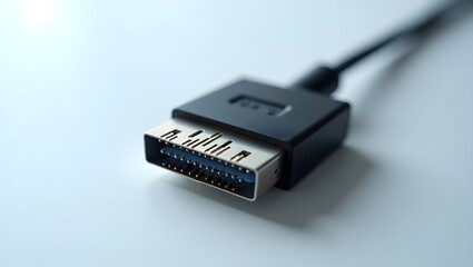 A close-up of a black USB 3.0 connector on a light background. The connector's metallic pins are clearly visible. 