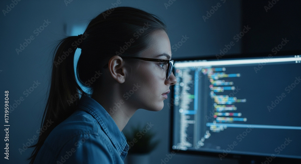 Wall mural focused software developer coding late into the night, crafting innovative solutions with digital ex
