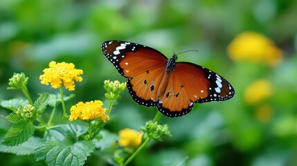 Fototapeta premium A vibrant orange butterfly perched on yellow flowers, surrounded by lush green foliage, showcasing nature's beauty and delicate details.