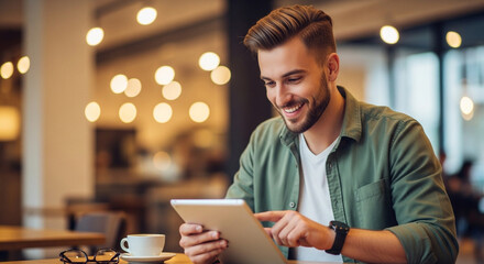 Cheerful man enjoys tablet in modern cafe, connecting with friends and family, perfect for digital lifestyle and communication concepts in a relaxed setting
