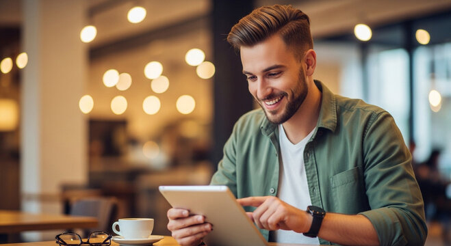 Cheerful man enjoys tablet in modern cafe, connecting with friends and family, perfect for digital lifestyle and communication concepts in a relaxed setting