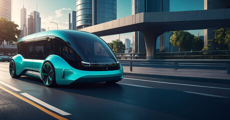 A futuristic public transit vehicle on a city street. The scene captures modern urban design, sustainable transport, and smart city infrastructure in a metropolitan setting.