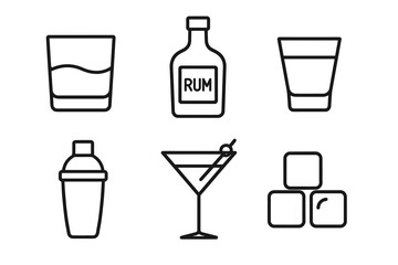 Simple alcohol icons: rum bottle, cocktail glass, ice cubes, shaker