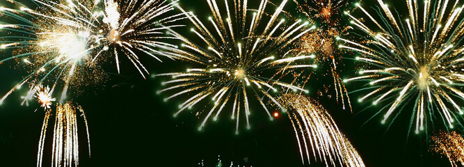 Banner Green firework night time celebrate national holiday. Green Firework celebrate anniversary happy new year 2025 4th of july holiday festival. Countdown New year 2026 festival with copy space