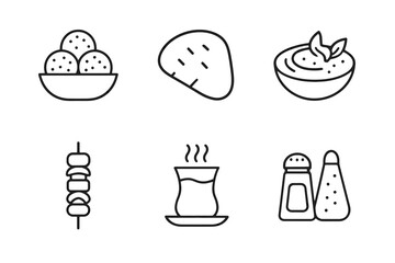 Line art: hummus, falafel, skewer, tea, pita, salt and pepper set