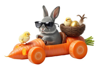 Fluffy grey rabbit in black sunglasses driving a whimsical carrot race car with golden egg, yellow chicks, and bird's nest, on white background, whimsical Easter spring celebration
