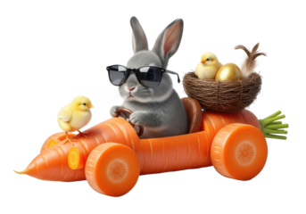 Fluffy grey rabbit in black sunglasses driving a whimsical carrot race car with golden egg, yellow chicks, and bird's nest, on white background, whimsical Easter spring celebration