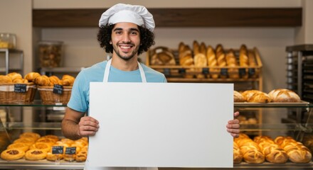 Smiling baker holding a blank sign in front of bakery display full of breads and pastries