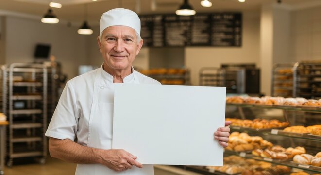 Senior baker holding a blank sign in his bakery smiling at the camera with pastries
