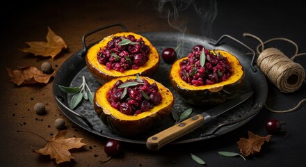 A beautifully arranged platter featuring roasted acorn squash halves filled with vibrant cranberry and nut stuffing, garnished with fresh herbs, set against a dark, rustic background