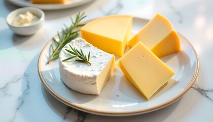 Indulge in a luxurious cheese board featuring creamy brie and sharp cheddar wedges, artfully arranged with fresh rosemary sprigs for an elegant culinary experience.