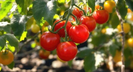 Ripe Red Cherry Tomatoes Growing on the Vine.