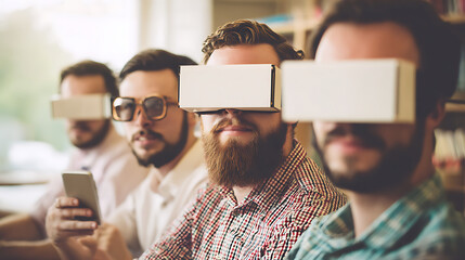 Group of men wearing cardboard VR headsets in an indoor setting, one using a smartphone