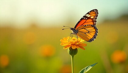 Stunning monarch butterfly rests delicately on vibrant yellow flower amidst a soft, sun-drenched meadow, capturing nature's exquisite beauty and tranquility.