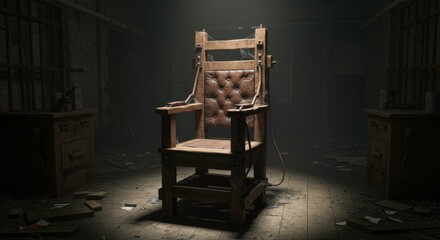 eerie depiction of an electric chair in a dilapidated setting showcases dark themes and execution