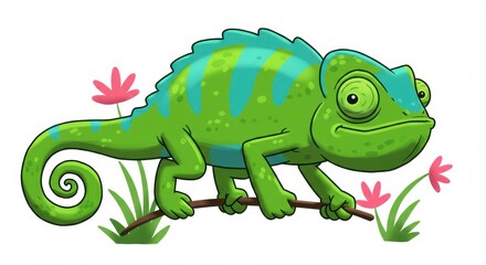 Fototapeta premium Charming cartoon chameleon illustration amidst flowers and lush vegetation with playful color