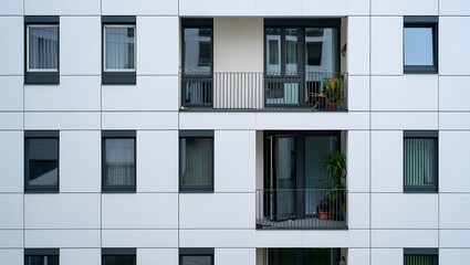 Modern apartment building facade with balconies and windows in a geometric pattern design