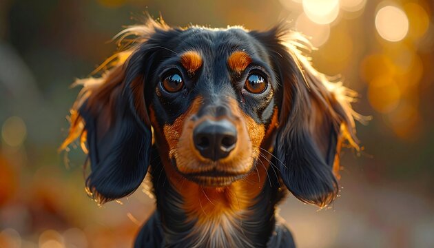 Retrato hiperrealista de perro salchicha con mirada tierna al atardecer, creado con Adobe Firefly.