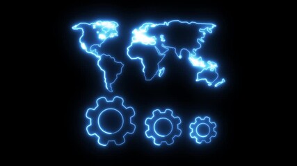 Blue neon world map and three gears on black background earth globe - Powered by Adobe