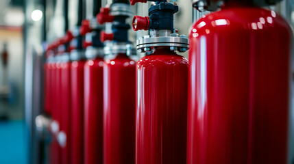 A neat row of red fire extinguishers, each connected with silver fittings, creates a sense of safety and preparedness in an industrial or commercial setting