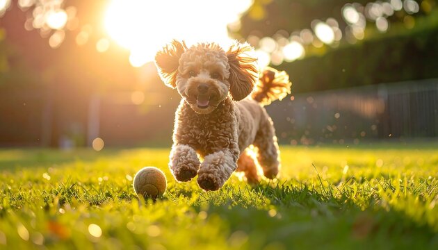 Playful dog running in a garden at sunset