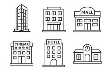 Set of building icons featuring cinema, mall, hotel, office, school, and tower structures