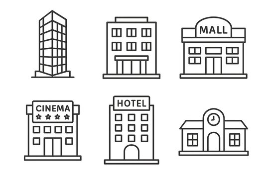 Set of building icons featuring cinema, mall, hotel, office, school, and tower structures - Powered by Adobe