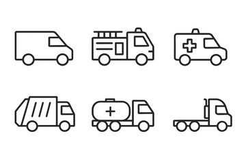 Outline icons of emergency and utility vehicles: ambulance, fire truck, tanker, and more