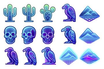 Neon icons: cactus, skull, raven, and mountain symbols in blue and purple