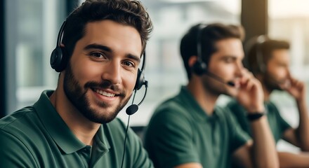 Customer support agents team headset communication technology modern office workers helpdesk service professional business people portrait