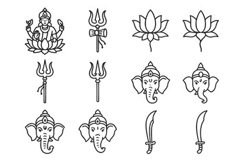 Hindu symbol icons: lotus, trident, ganesha, sword line art collection