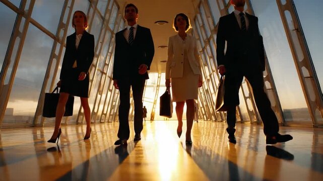 Corporate Strides: A determined cadre of business professionals, impeccably attired, strides purposefully down a modern corridor, bathed in a radiant, golden hue.