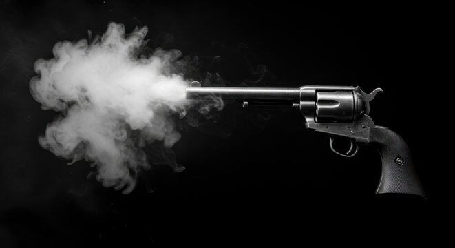 Smoking gun revolver on black background depicting crime violence and danger  or weapon