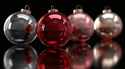 Four shiny metallic Christmas ornaments on a dark background