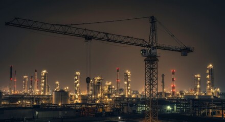 Obraz premium Nighttime industrial landscape featuring a construction crane and illuminated factory complex