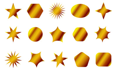 Golden stickers set, shiny metallic labels in different shapes, vector illustration