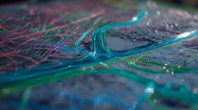 Abstract close-up of colorful, glowing lines resembling a futuristic network or map on a textured surface - Powered by Adobe