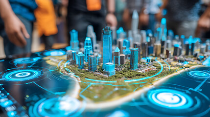Interactive holographic city model with digital interface and futuristic urban design