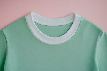 Closeup of a stylish mint green tshirt with a white collar, showcasing its simple design against a soft pink backdrop for a fresh, modern look