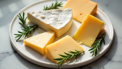Indulge in this exquisite cheese platter featuring creamy brie and sharp cheddar, artfully arranged with fresh rosemary sprigs for a gourmet tasting experience.